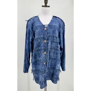 Vintage Blue Cactus Womens Blue Tie Dye Fringe Wooden Buttons Jacket Sz M